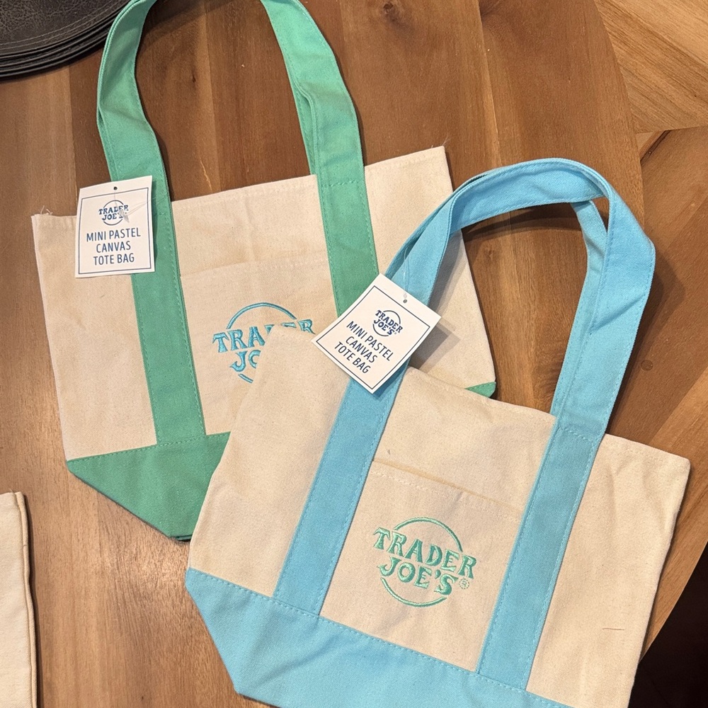 Set of 2 Trader Joe’s Mini Pastel Canvas Tote Bag - Light Blue Mint Green